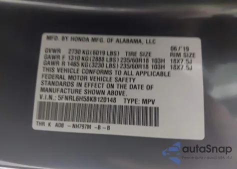 2019 Honda Odyssey Ex z USA, uszkodzony, nr VIN 5FNRL6H58KB120148
